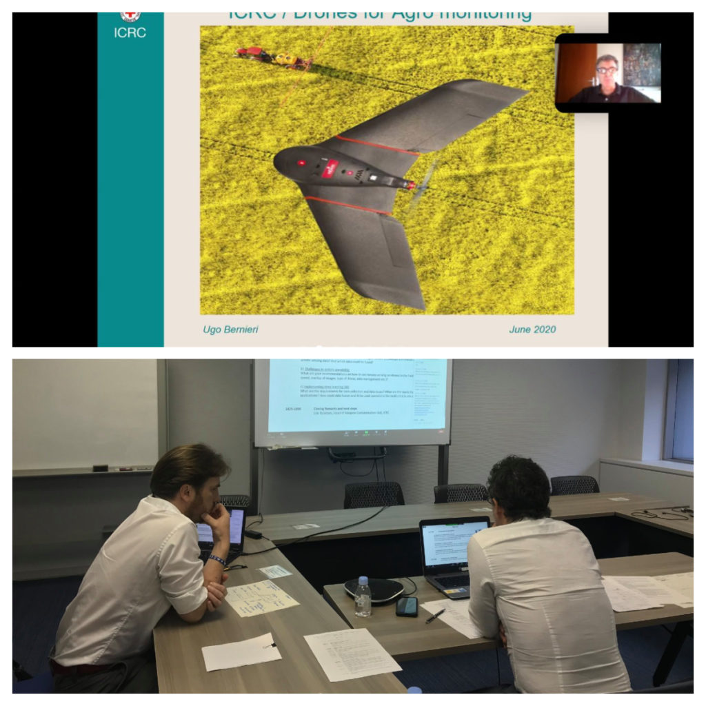 サーモカメラ搭載ドローンや遠隔センサーなどの技術を人道の現場にどう生かすかをテーマに、開催されたオンラインワークショップの様子